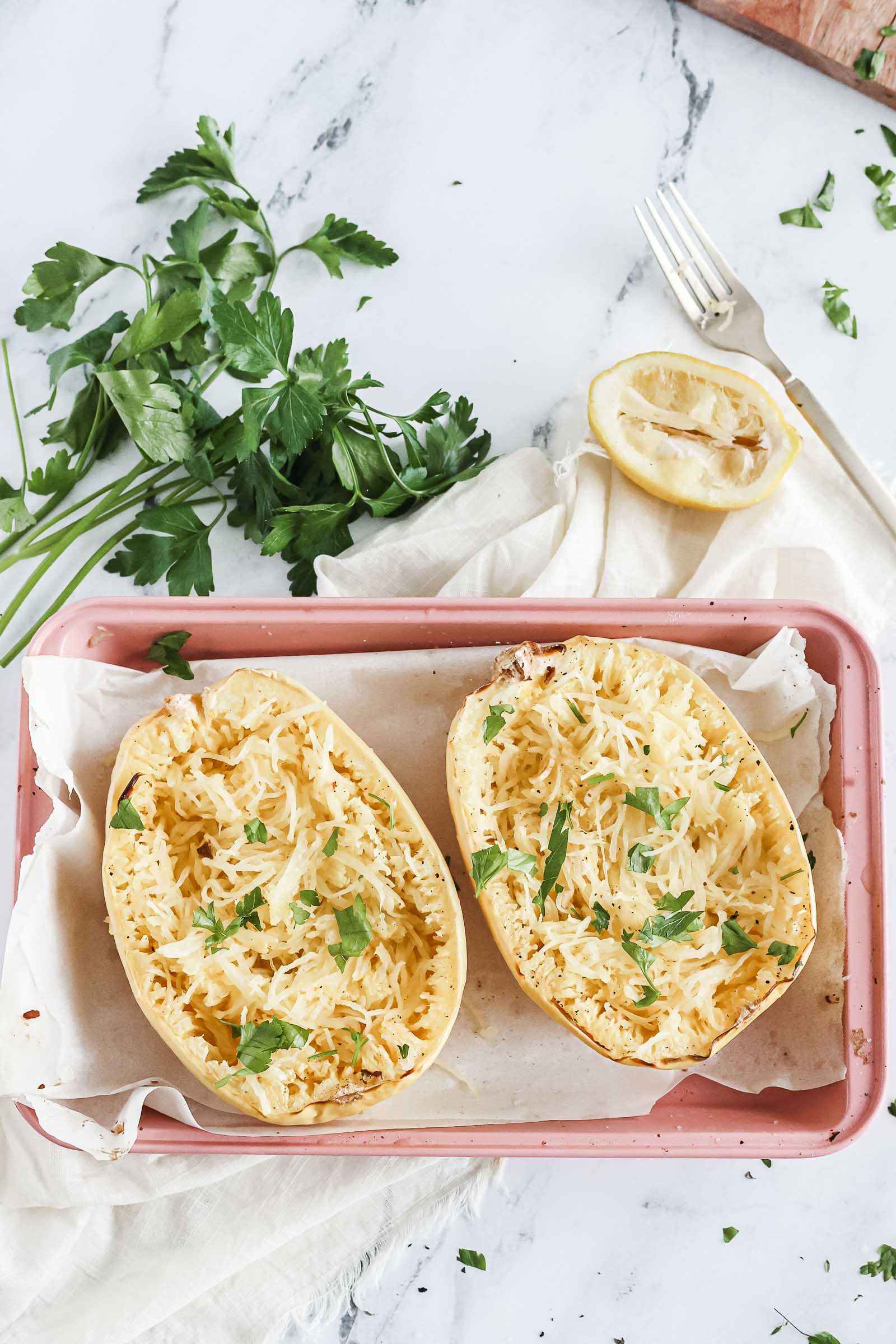 Spaghetti squash on baking sheet