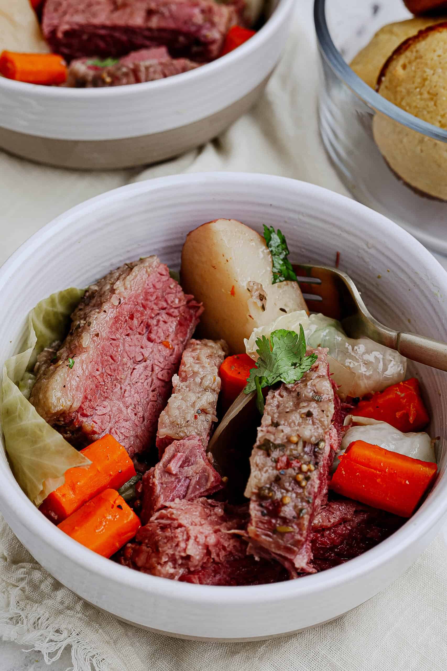 Corned beef and cabbaged served in a bowl. 